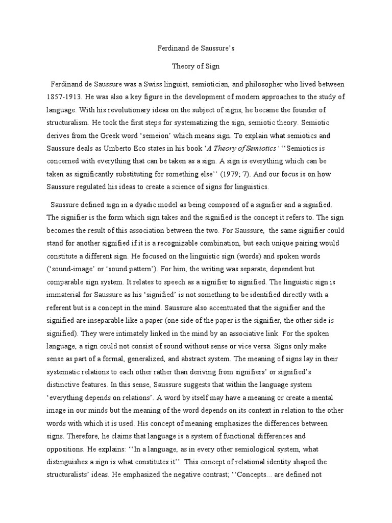 Saussure's Sign Theory Explained | PDF | Concept | Semiotics