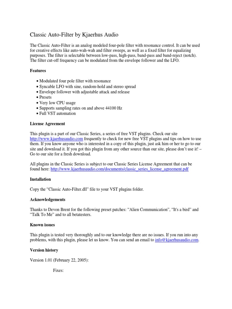 Kjaerhus Classic Auto-Filter Plugin | PDF | Telecommunications ...