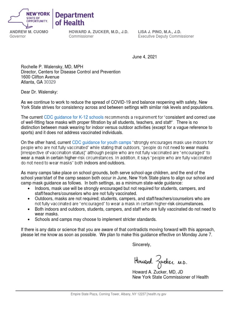 Letter From NYSDOH Mask Guidance PDF Vaccination Centers For