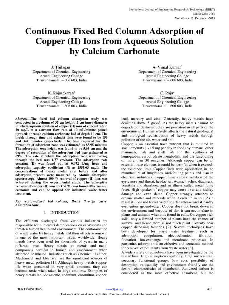 Continuous Fixed Bed Column Adsorption of Copper (II) Ions From Aqueous ...