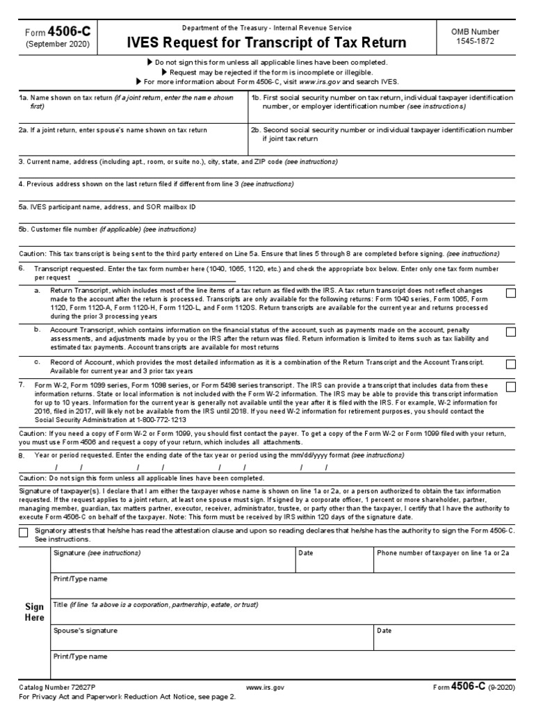 IVES Request For Transcript of Tax Return: First) | PDF | Irs Tax Forms ...