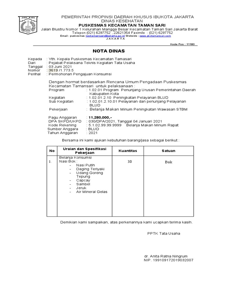 Contoh Nota Dinas Pengajuan Konsumsi | PDF