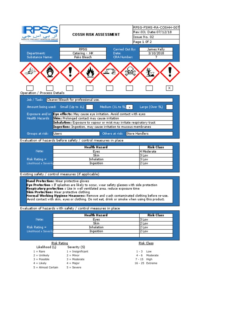 COSHH Risk Assessment for Pako Bleach | PDF | Personal Protective ...