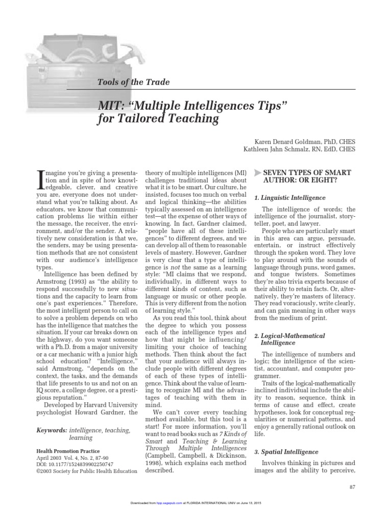 Multiple Intelligences Tips | PDF | Intelligence | Educational Psychology