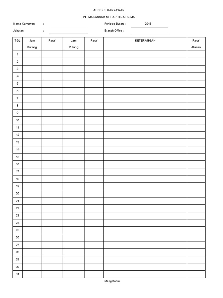 Formulir Absensi Karyawan Manual | PDF
