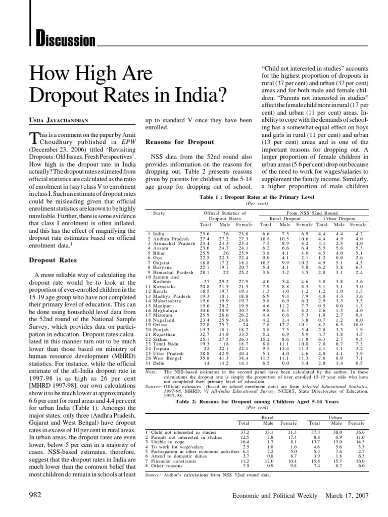 Analysis of Dropout Rates in India Using National Survey Data to ...