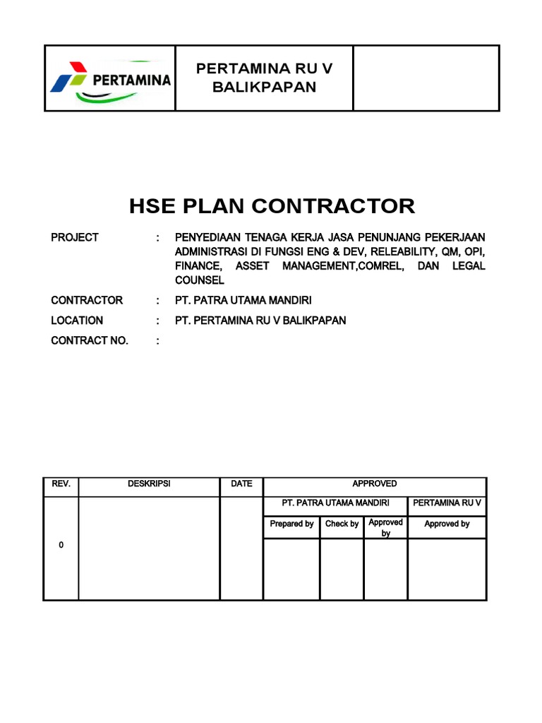 Hse Plan Contractor: Pertamina Ru V Balikpapan | PDF