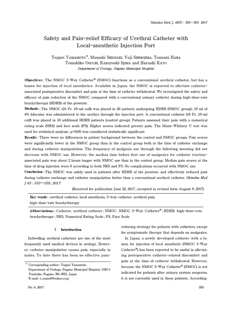 Safety and PainRelief Efficacy of Urethral Catheter With Local
