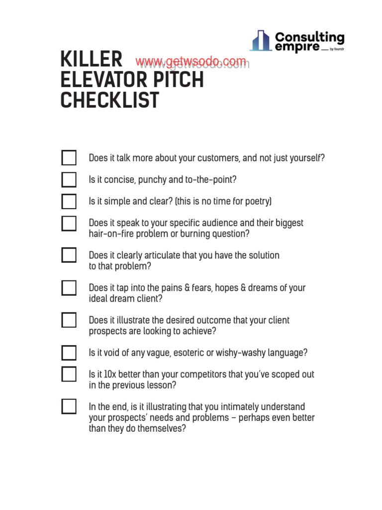 Killer Elevator Pitch Checklist | PDF | Career & Growth | Business