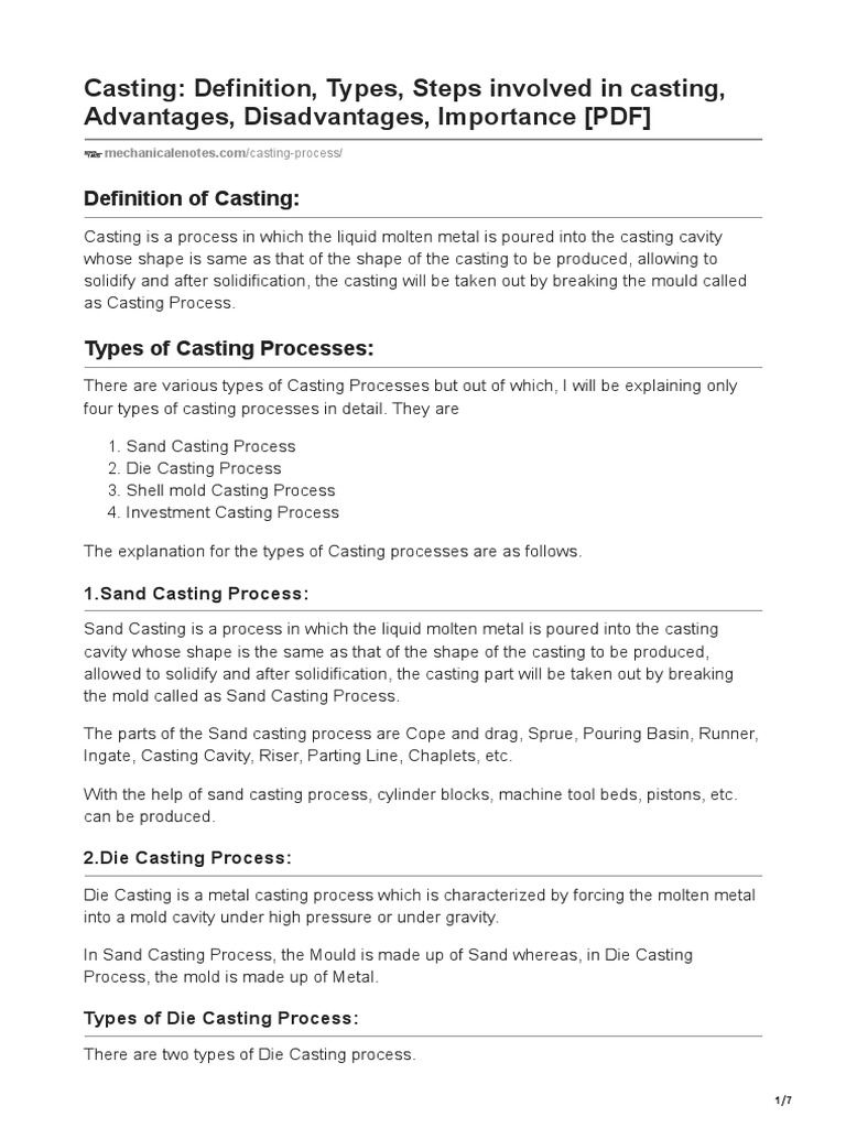 Casting Definition, Types, Steps Involved in Casting, Advantages