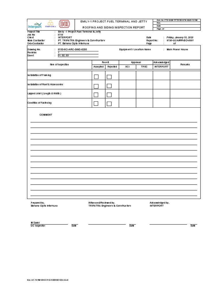 Emily1 Project Fuel Terminal and Jetty Roofing and Siding Inspection