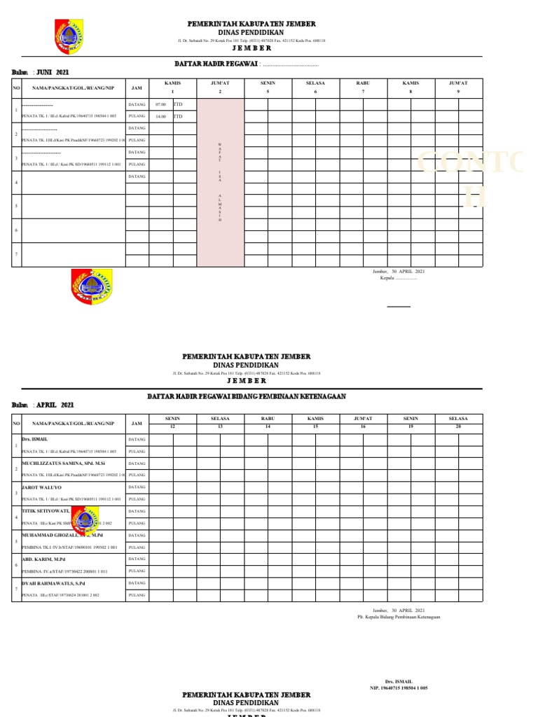 Daftar Hadir Pegawai Dinas Pendidikan Jember | PDF