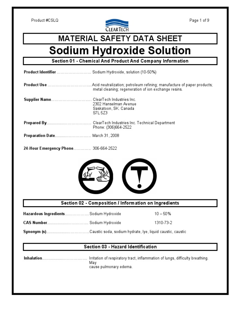 Sodium Hydroxide Solution Material Safety Data Sheet PDF Chemistry