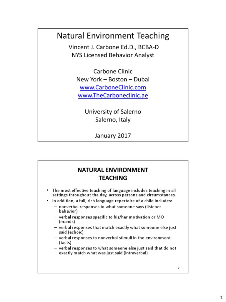 Natural Environment Teaching Overview | PDF | Reinforcement | Motivation