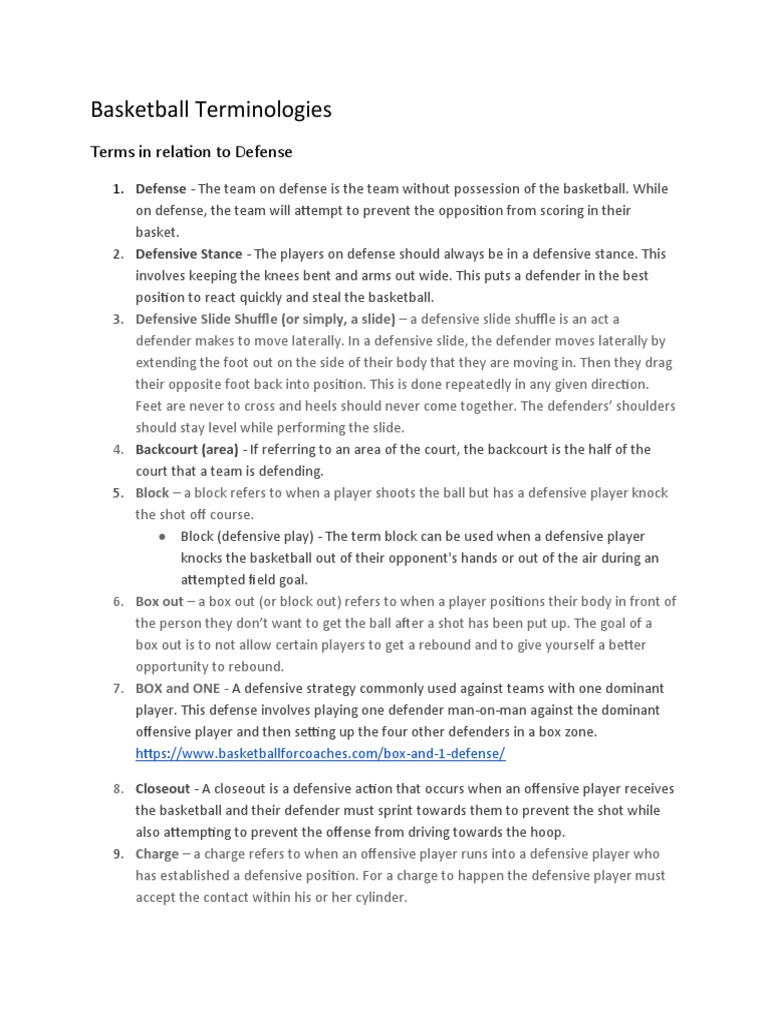 Basketball Terminologies Terms in Relation To Defense PDF