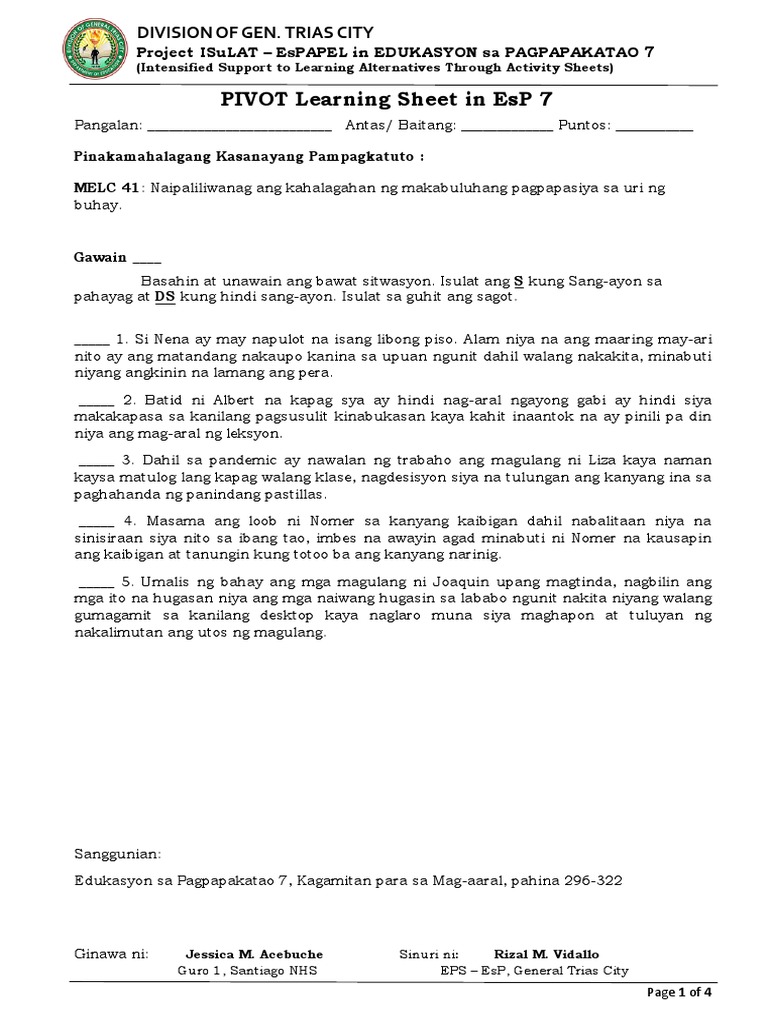 Pivot Learning Sheet in Esp 7: Division of Gen. Trias City | PDF