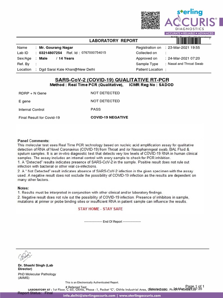 Sars-Cov-2 (Covid-19) Qualitative RT-PCR: Method: Real Time PCR ...