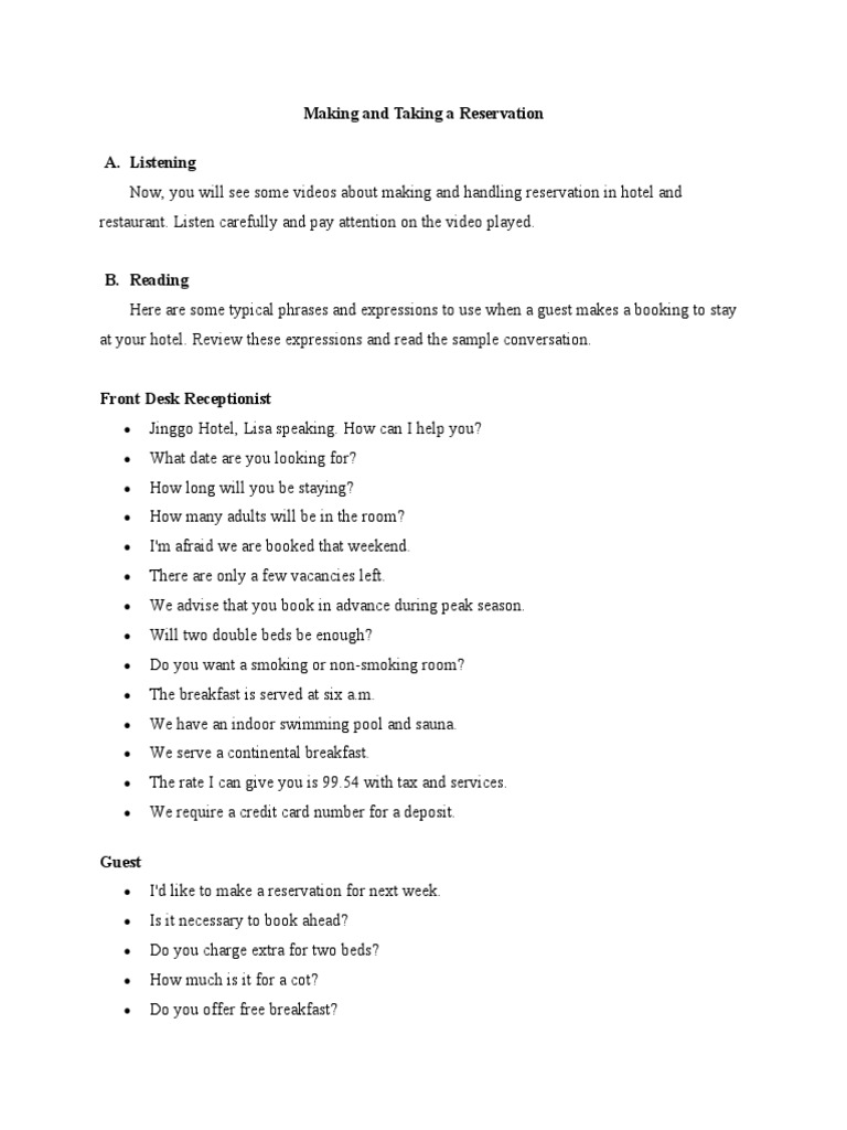 Hotel Reservation Guide and Examples | PDF | Hotel And Accommodation ...
