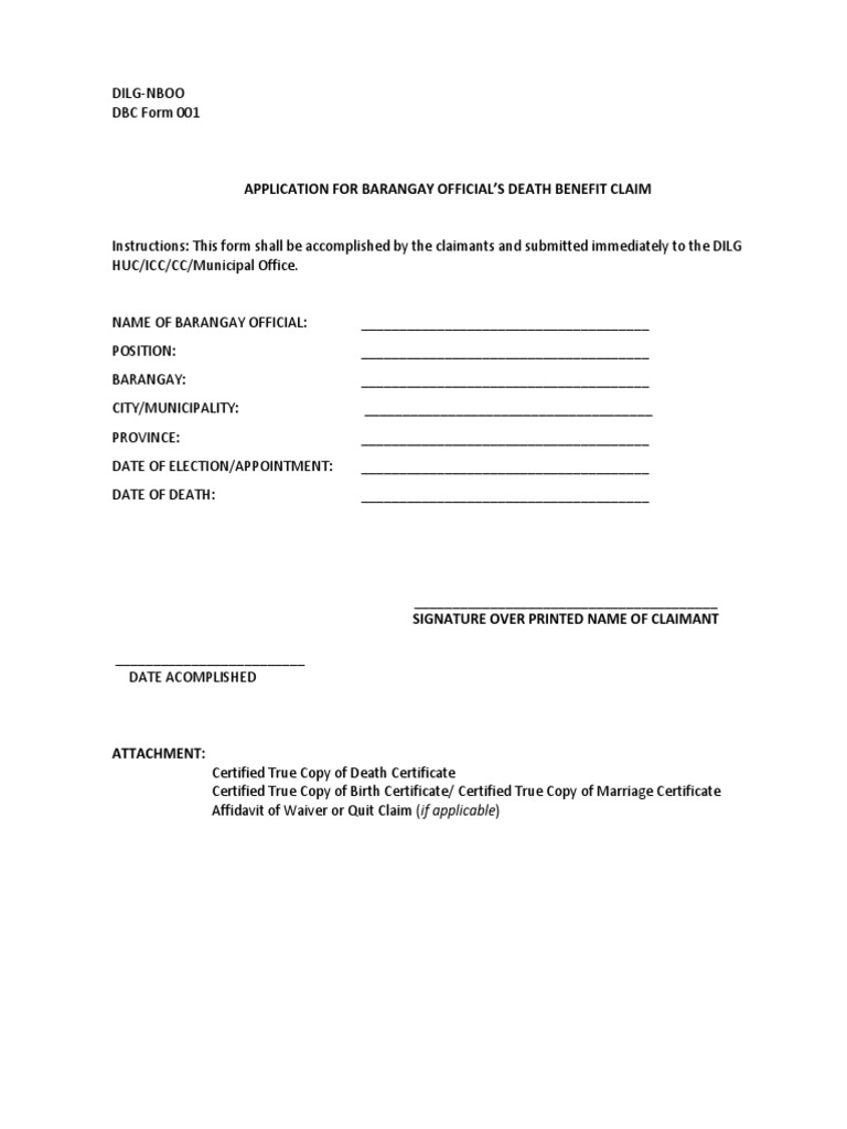 DBC Form 001 - Application for Barangay Official's Death Benefit | PDF