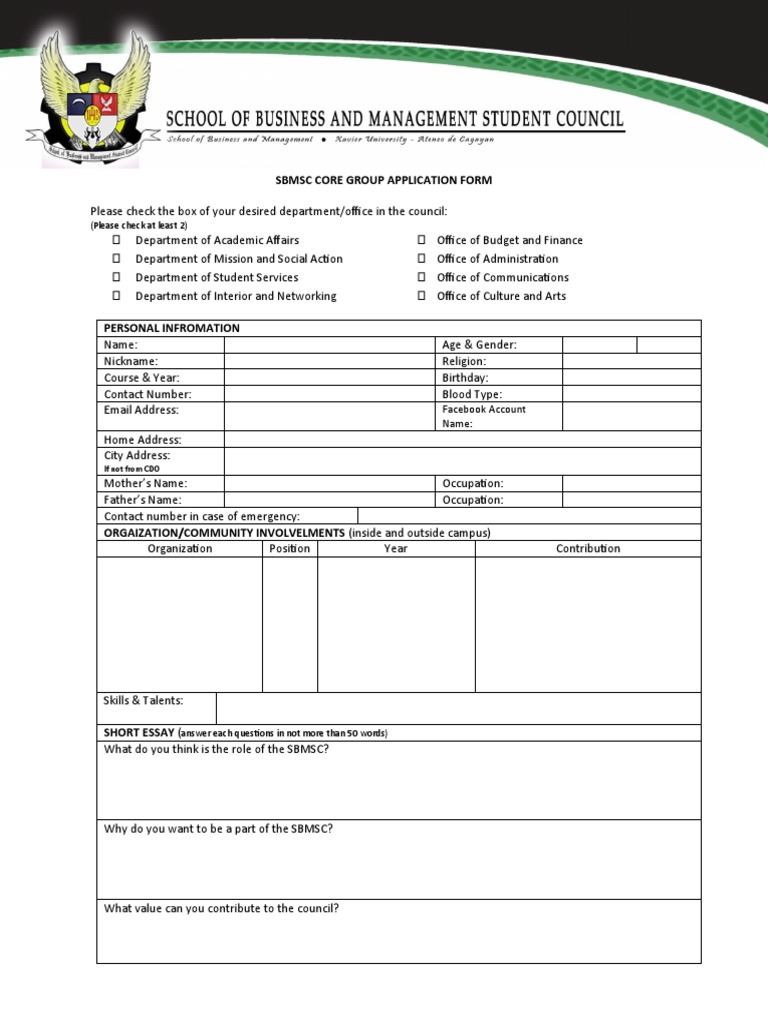 SBMSC Core Group Application Form | PDF