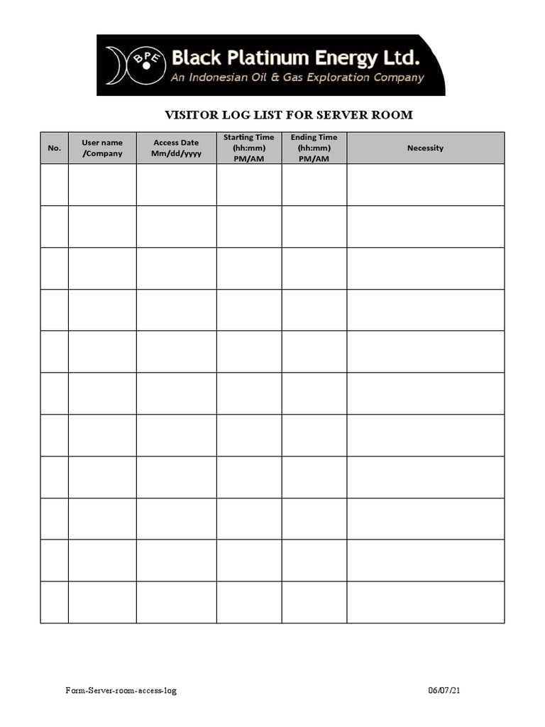 Form Server Room Access Log Pdf