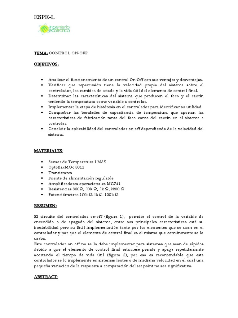 Controlador On-Off: Análisis y Aplicaciones | PDF | Temperatura | Calor
