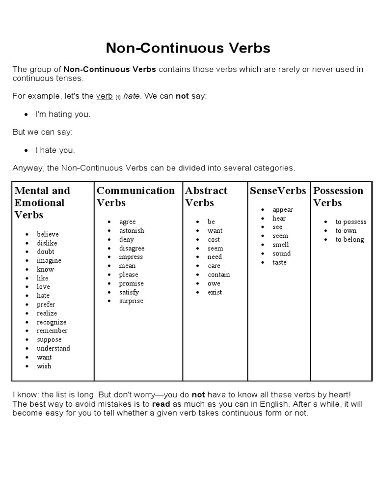 Non Continuous Verbs , Non-continuous verbs: English ESL worksheets pdf ...