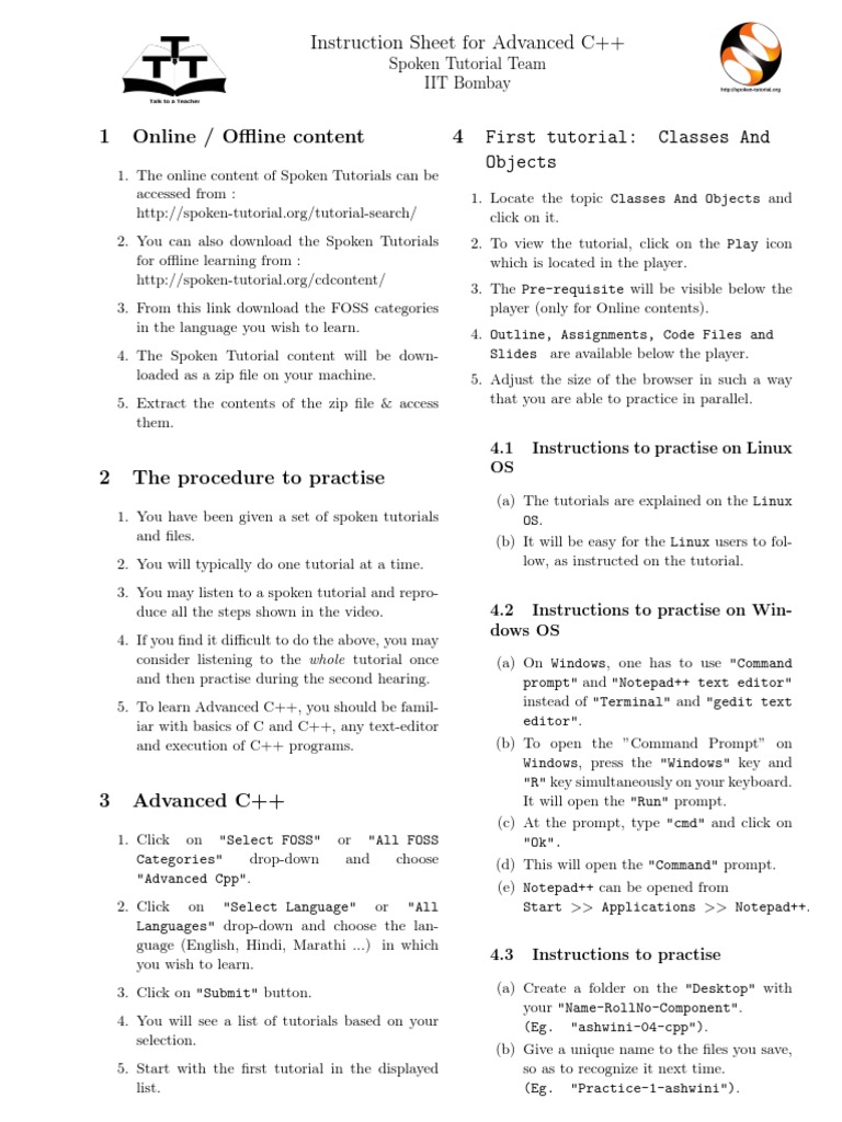 Instruction Sheet For Advanced C++: Spoken Tutorial Team IIT Bombay ...