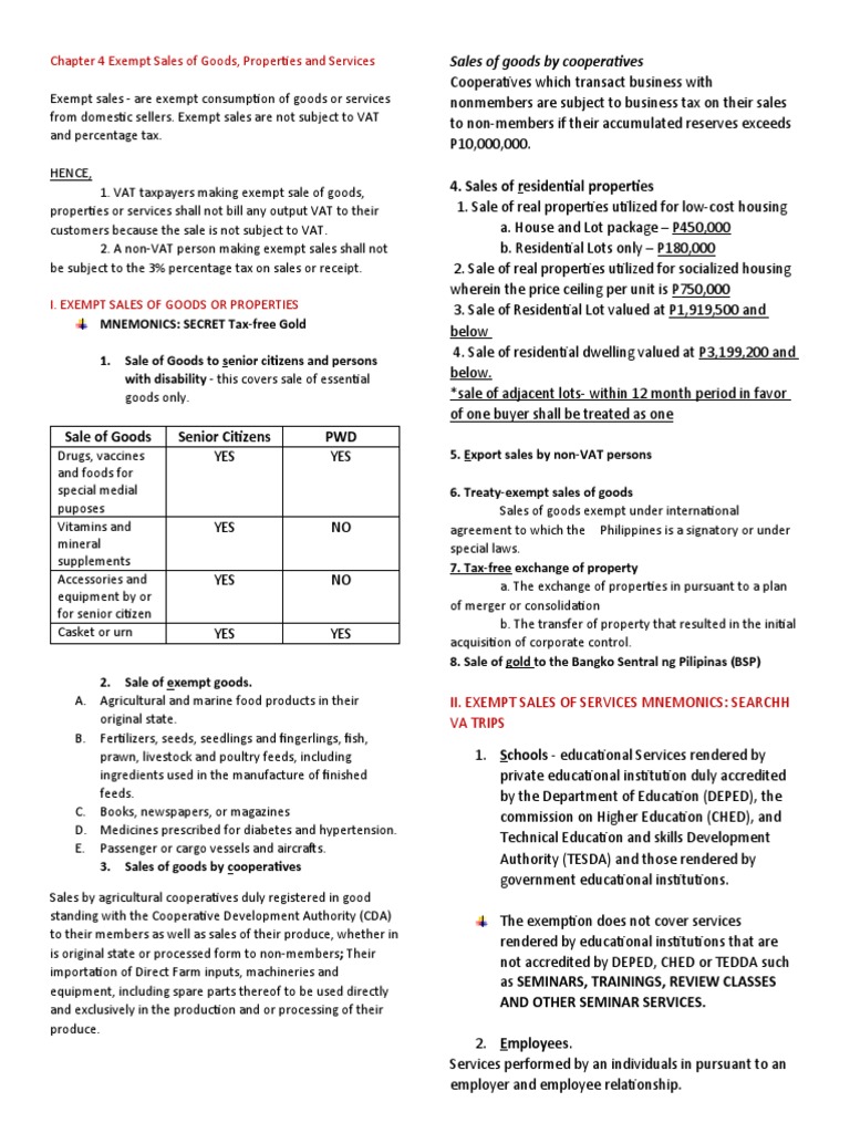Exempt Sale of Goods Properties and Services Notes PDF Value Added