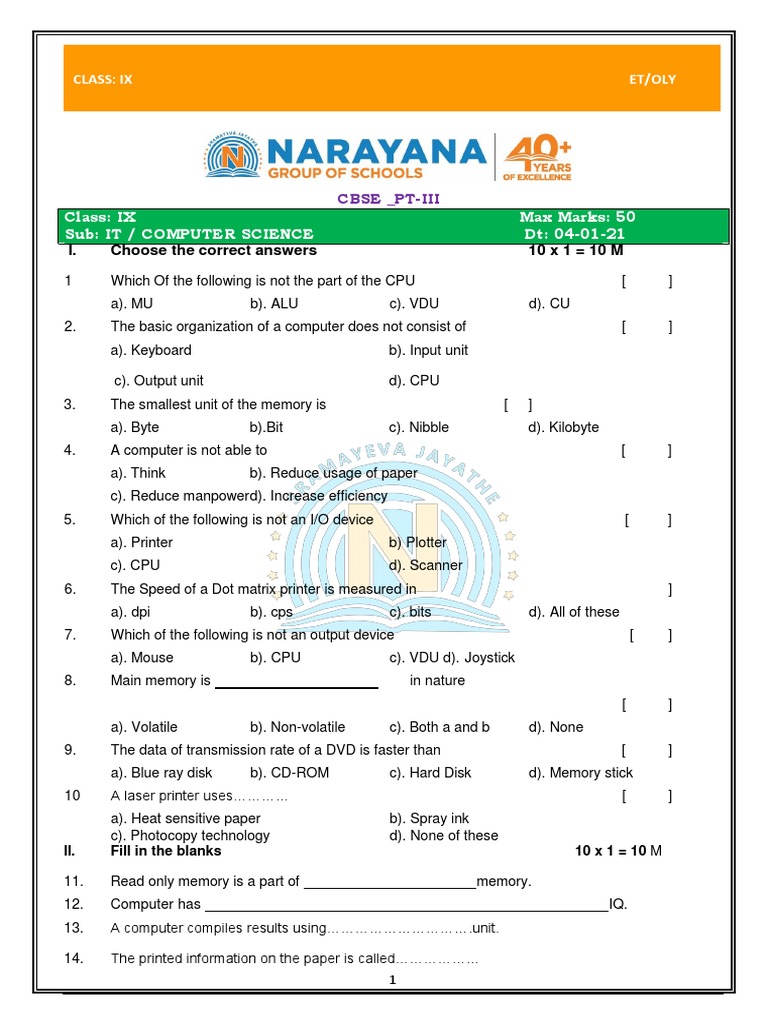 Class 9 Computer Paper PDF Input/Output Computer Data Storage