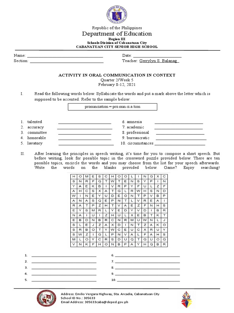 Oral Communication Activity Guide | PDF | Human Communication | Cognition