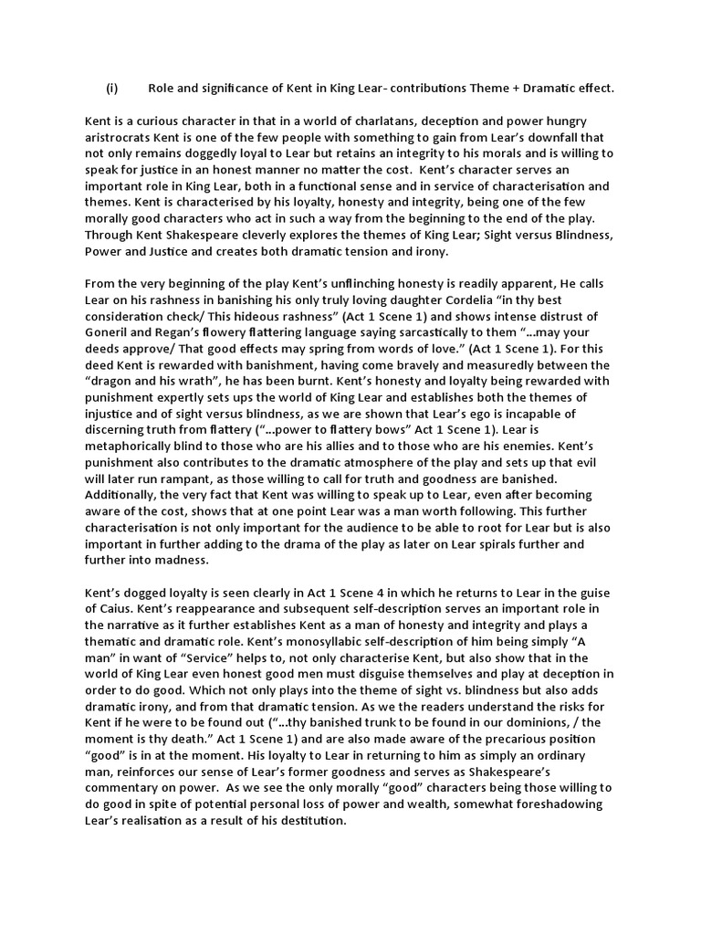 Kent's Loyalty and Role in King Lear | PDF | King Lear | Shakespearean ...