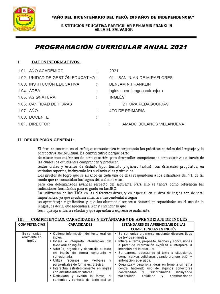 Programación Anual INGLÉS de 1ero Modelo | PDF | Educación primaria ...