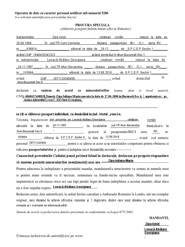 Procura Pentru Pasaport Copil Minor Model - 3 | PDF