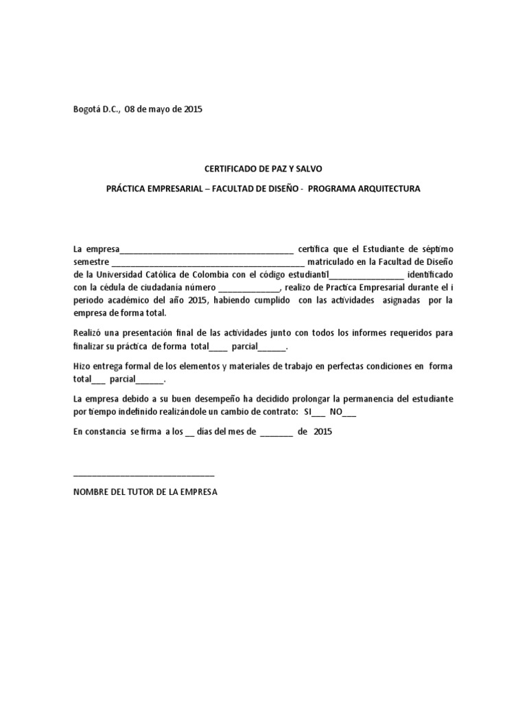 Certificado Paz y Salvo Práctica Arquitectura | PDF | Crecimiento ...