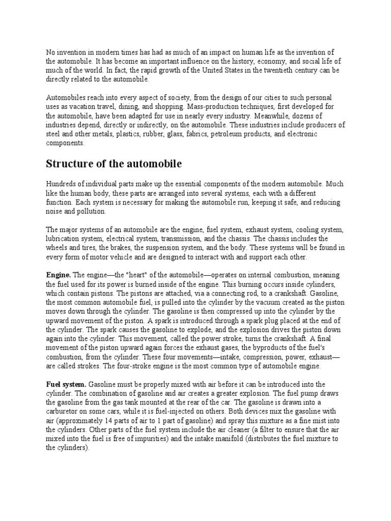 Structure of The Automobile Engine. The "Heart" of The AutomobileOperates On