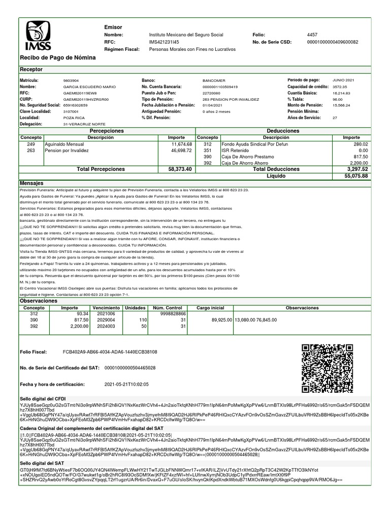 Recibo de pago de pensión del Instituto Mexicano del Seguro Social