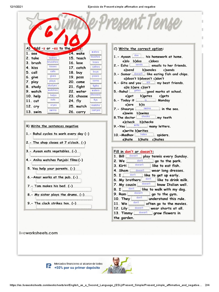 Ejercicio de Present Simple Affirmative and Negative | PDF