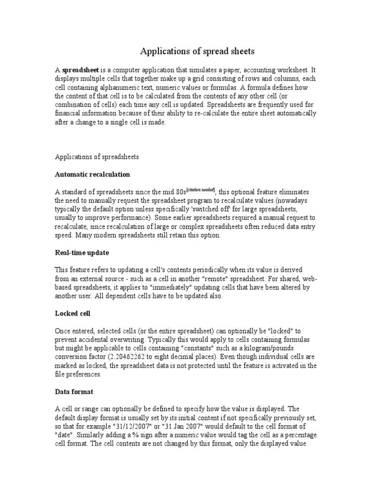 Applications of Spreadsheet Software | PDF | Spreadsheet | Microsoft Excel