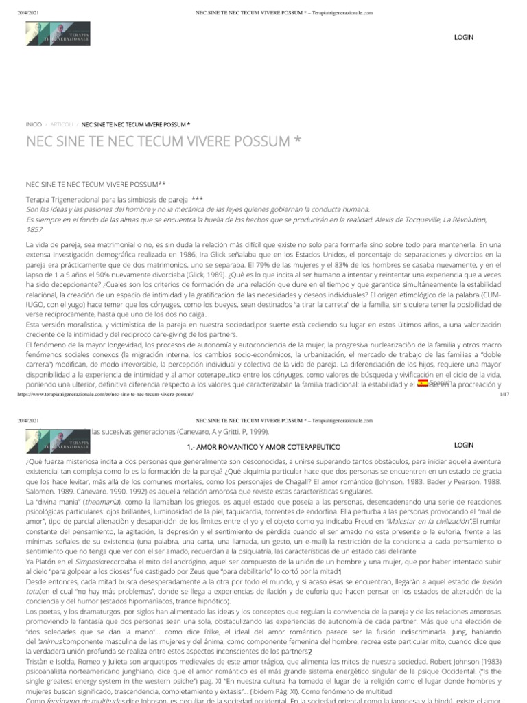 Nec Sine Te Nec Tecum Vivere Possum | PDF | Psicoterapia | Psicoanálisis