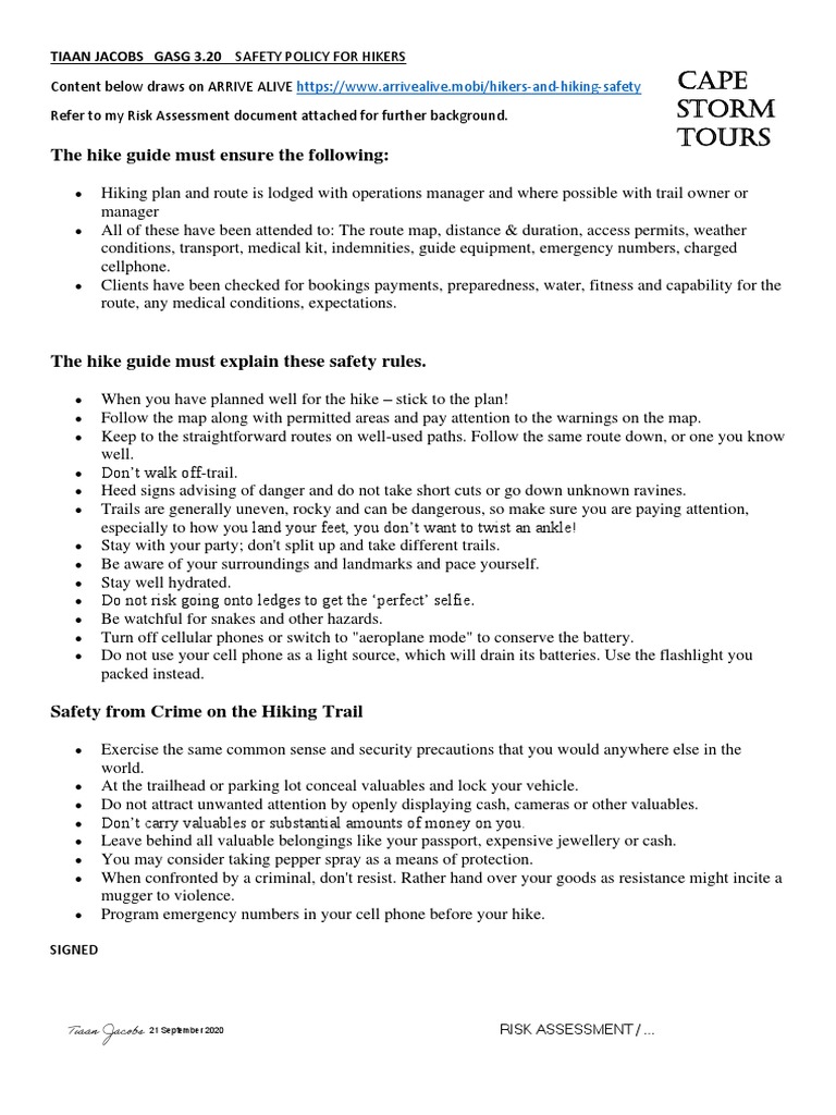 3.20 Safety Policy & Risk Assessment Hiking Tiaan Jacobs PDF