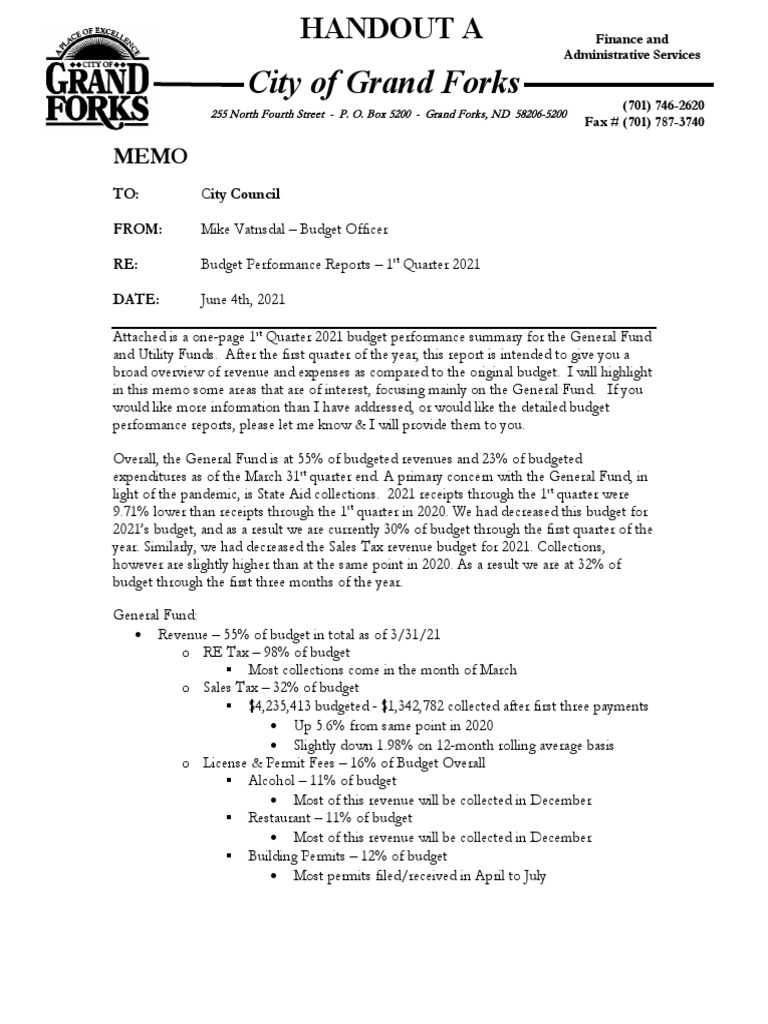 June 7 2021 Grand Forks Budget Handouts PDF Taxes Revenue