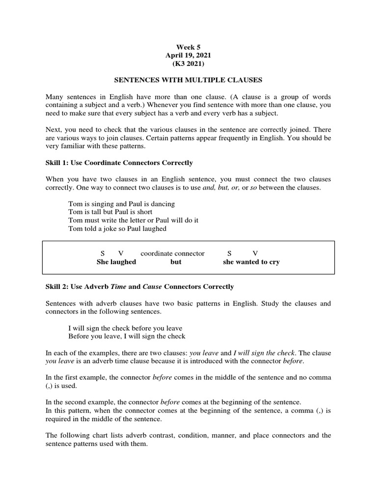 Week 5 April 19, 2021 (K3 2021) Sentences With Multiple Clauses | PDF ...