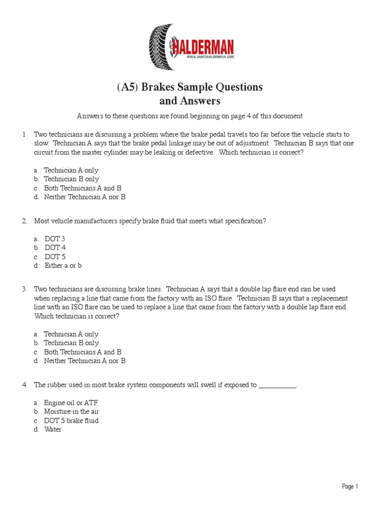 (A5) Brakes Sample Questions and Answers | PDF | Brake | Transportation ...