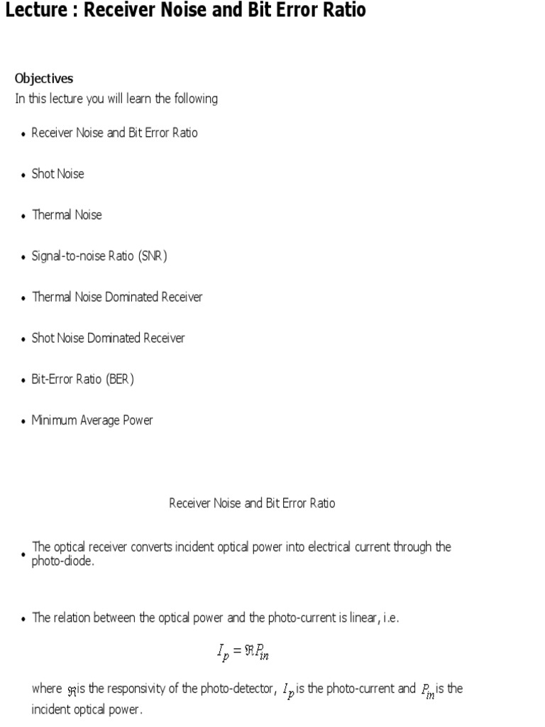 Receiver Noise and Bit Error Ratio Analysis | PDF | Signal To Noise ...
