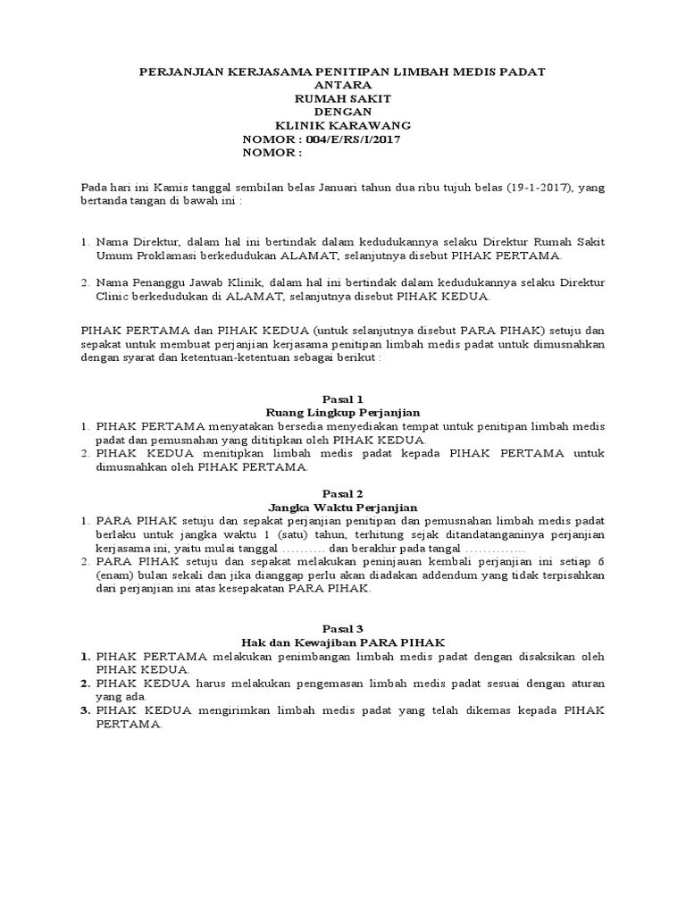 Perjanjian Kerjasama Penitipan Limbah Medis Padat | PDF