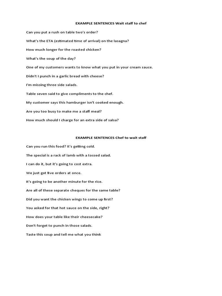 EXAMPLE SENTENCES Wait Staff To Chef | PDF | Cooking, Food & Wine
