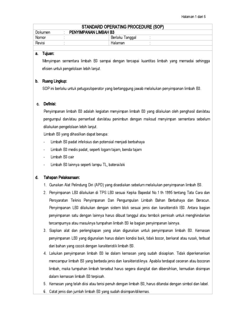 SOP Penyimpanan Limbah B3 (Sidik) | PDF