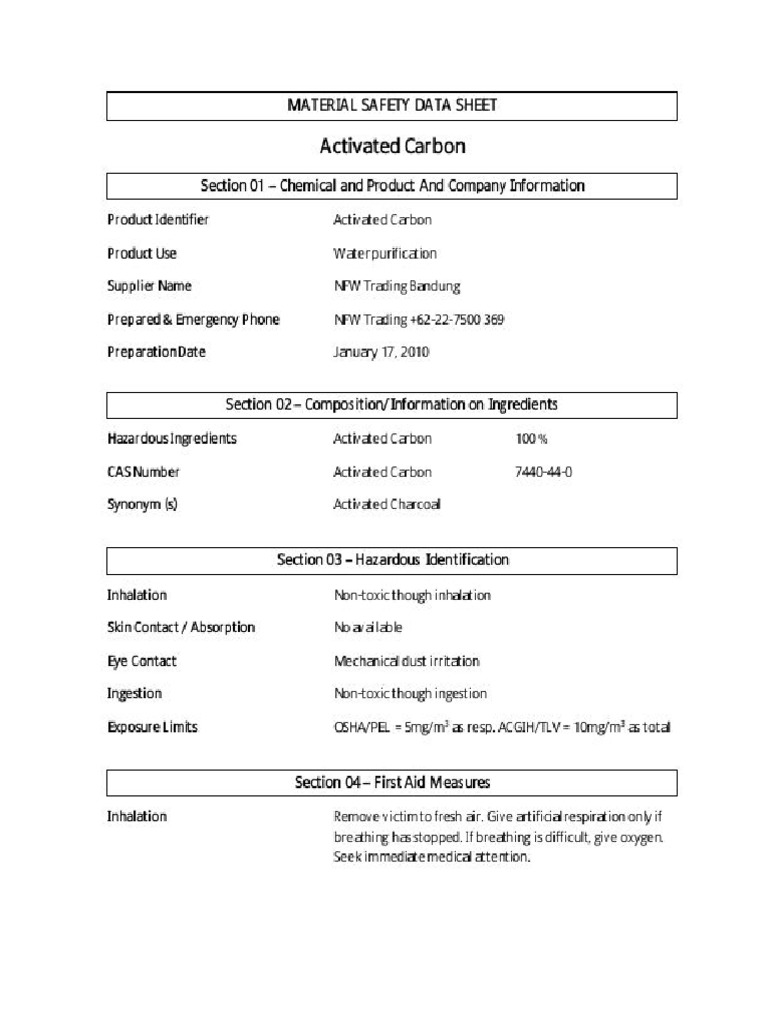 Material Safety Data Sheet Karbon Aktif | PDF