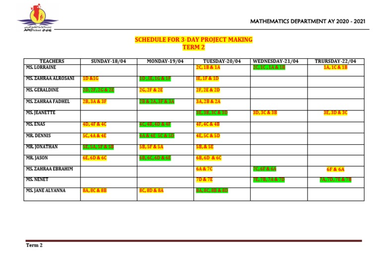 Schedule For 3-Day Project Making Term 2: Mathematics Department Ay ...